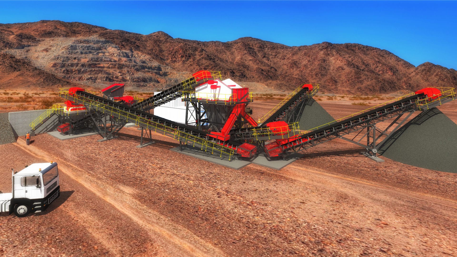 Modular crushing and screening plant with conveyors and stockpiles in arid terrain