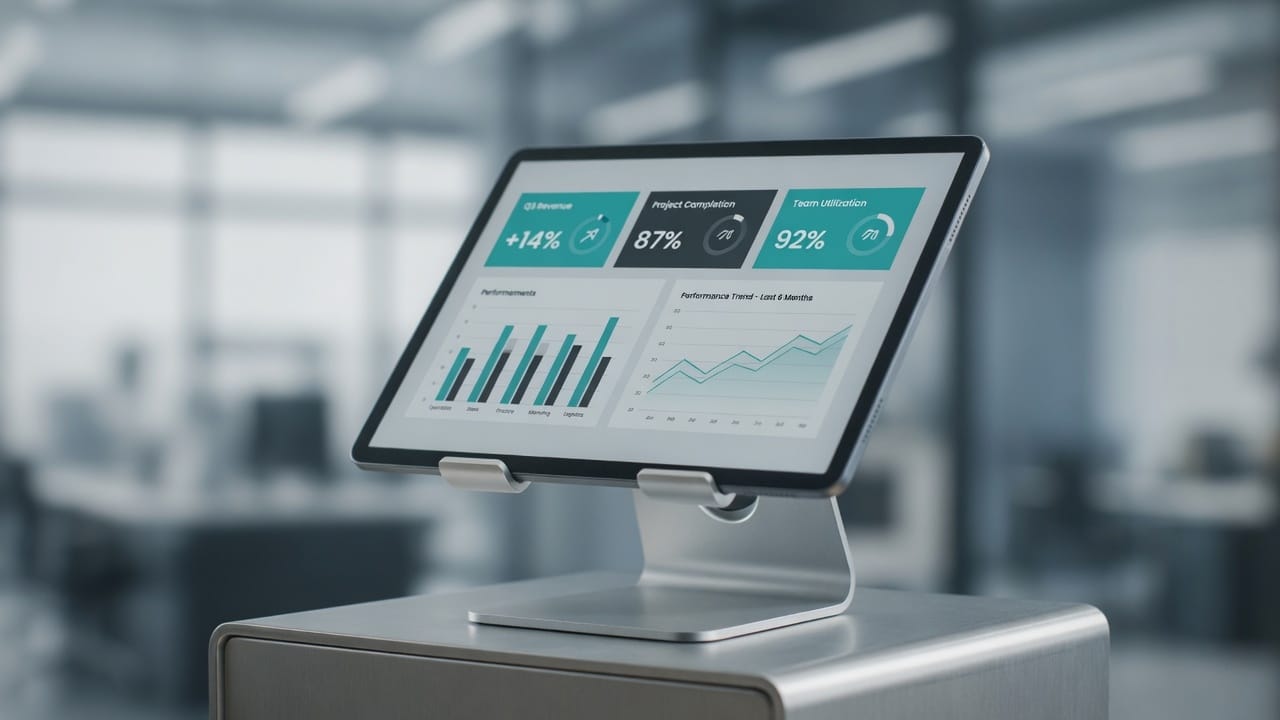 Tablet on a metal support pedestal displaying a management dashboard