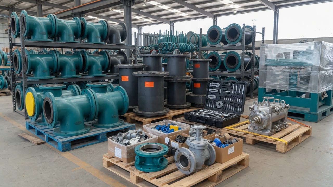 Industrial piping, valves, fittings and tools staged for modular plant procurement supply