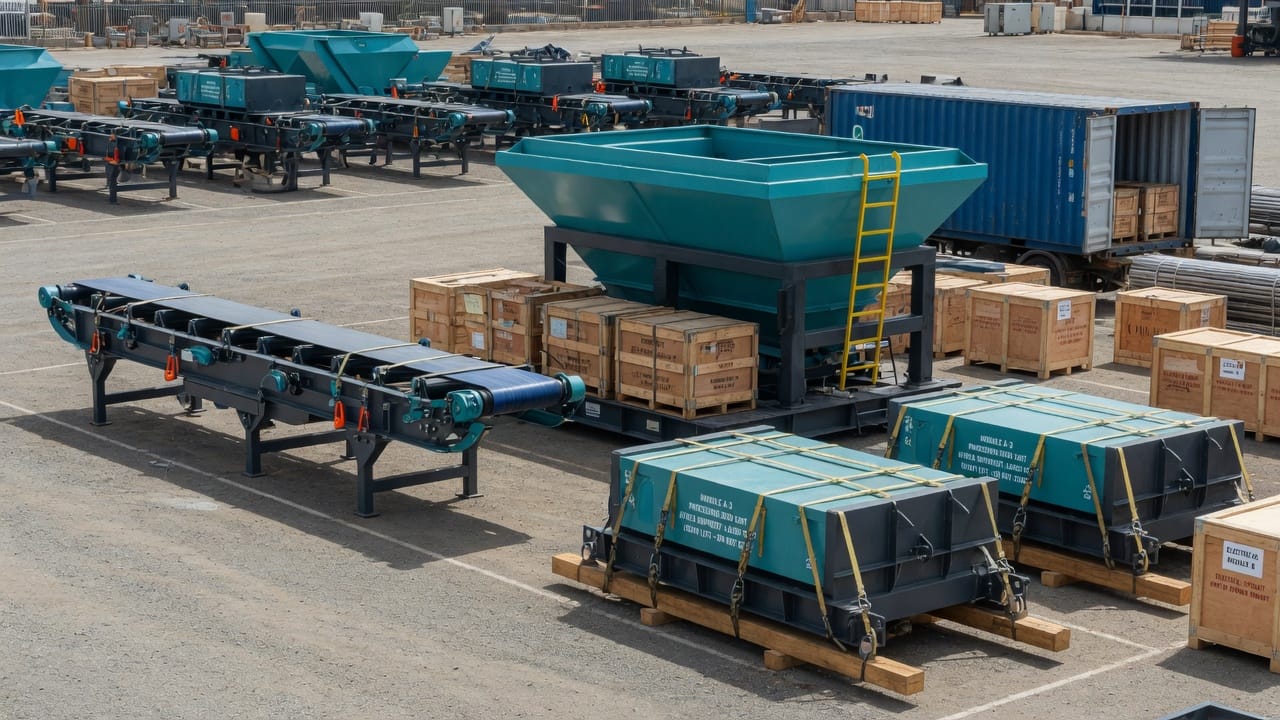 Modular plant modules, conveyors and packed crates ready for export shipment